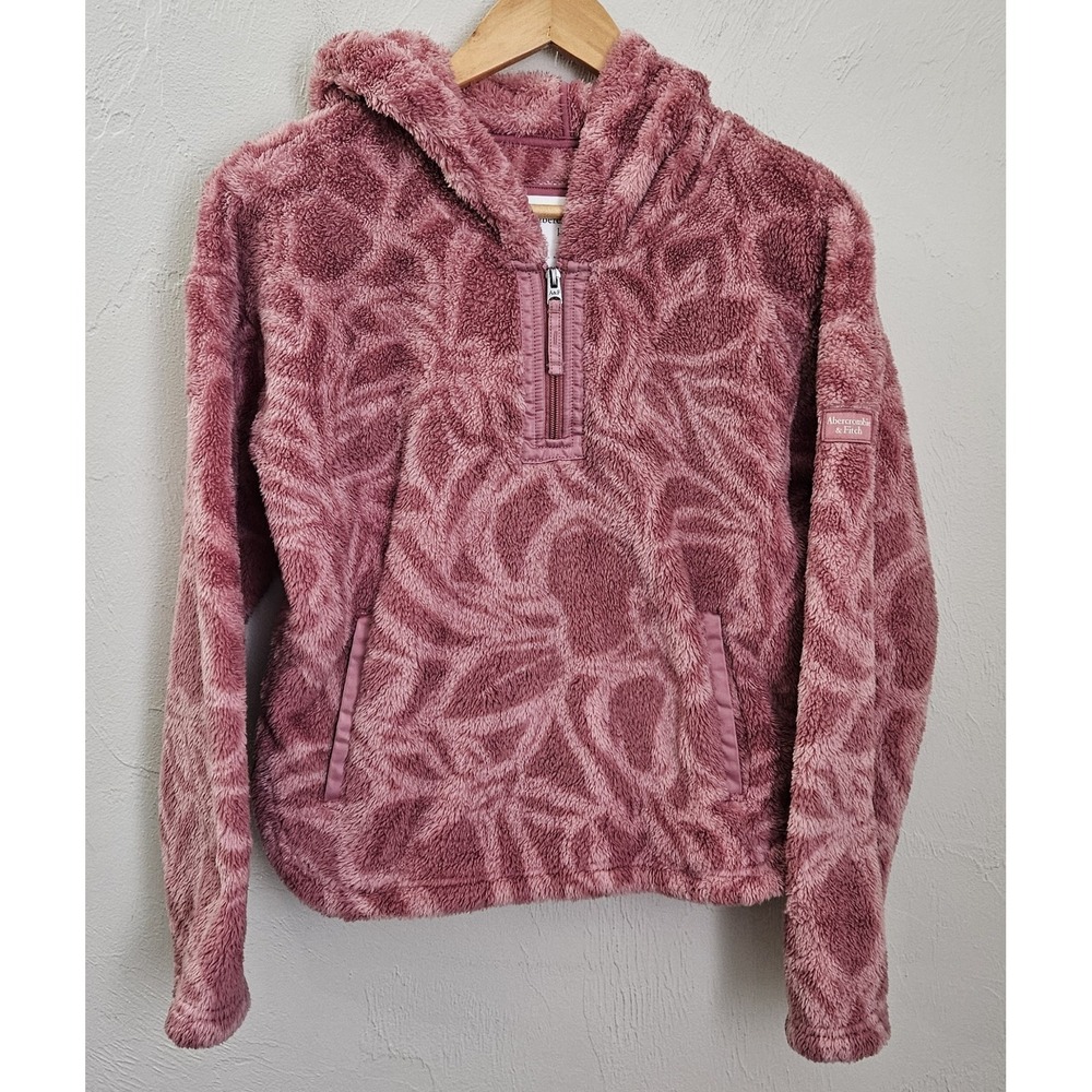 Abercrombie Kids Girls 13/14 Pink Sherpa Floral Fleece Hoodie Half Zip Soft Warm